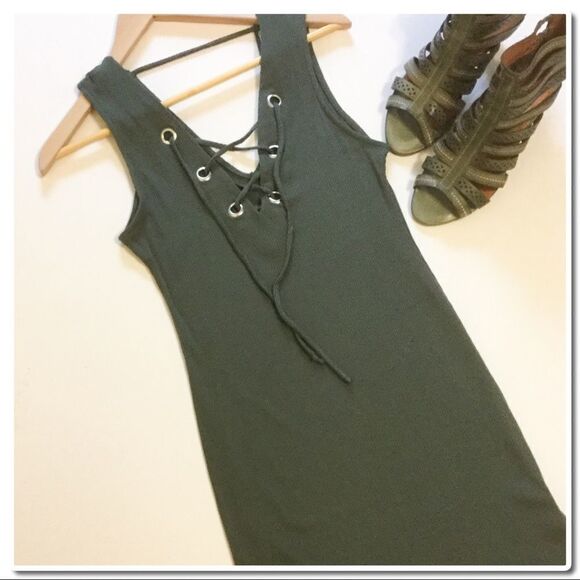 LACE up Mini Dress in Olive - Picture 6 of 7